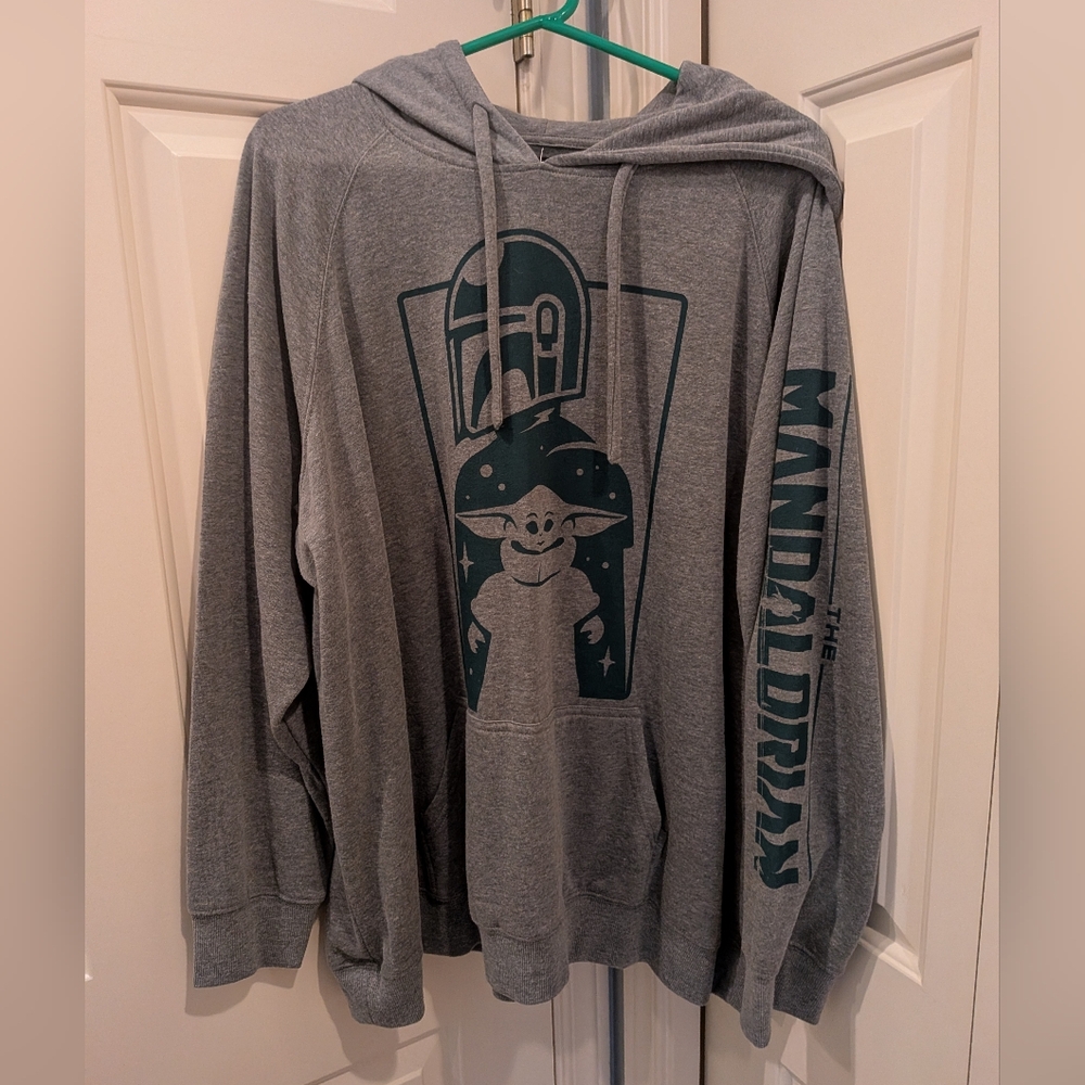 Mandolorian Graphic Hoodie - Gray with Teal Print